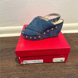 Sacha London Blue Wedge Sandals with Gold Accents